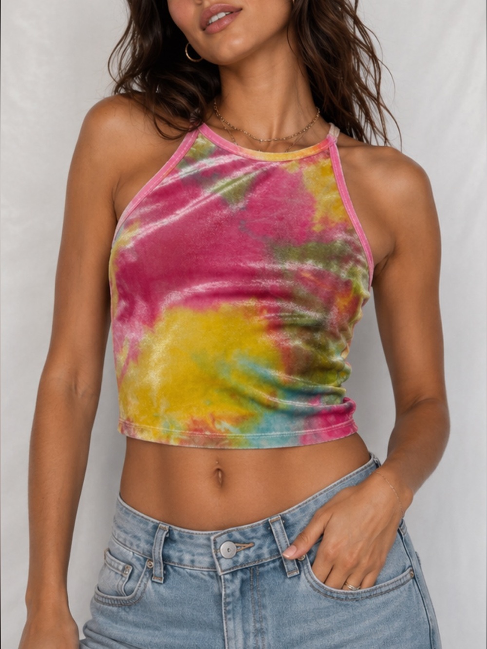 Forever 21 Tie-Dye Velvet Cropped Tank Top - Pink, Yellow, Green, Blue